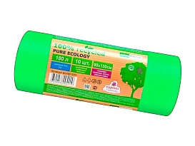 Мешки для мусора 180 л, ароматизированные, биоразлагаемые, зеленые, в рулоне 10 шт., ПВД, 40 мкм, 1300х930 мм, PURE ECOLOGY, bio1801081 в Пензе
